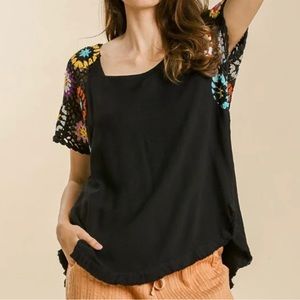 Umgee Black Linen Blend Top with Colorful Crocheted Sleeves | Large